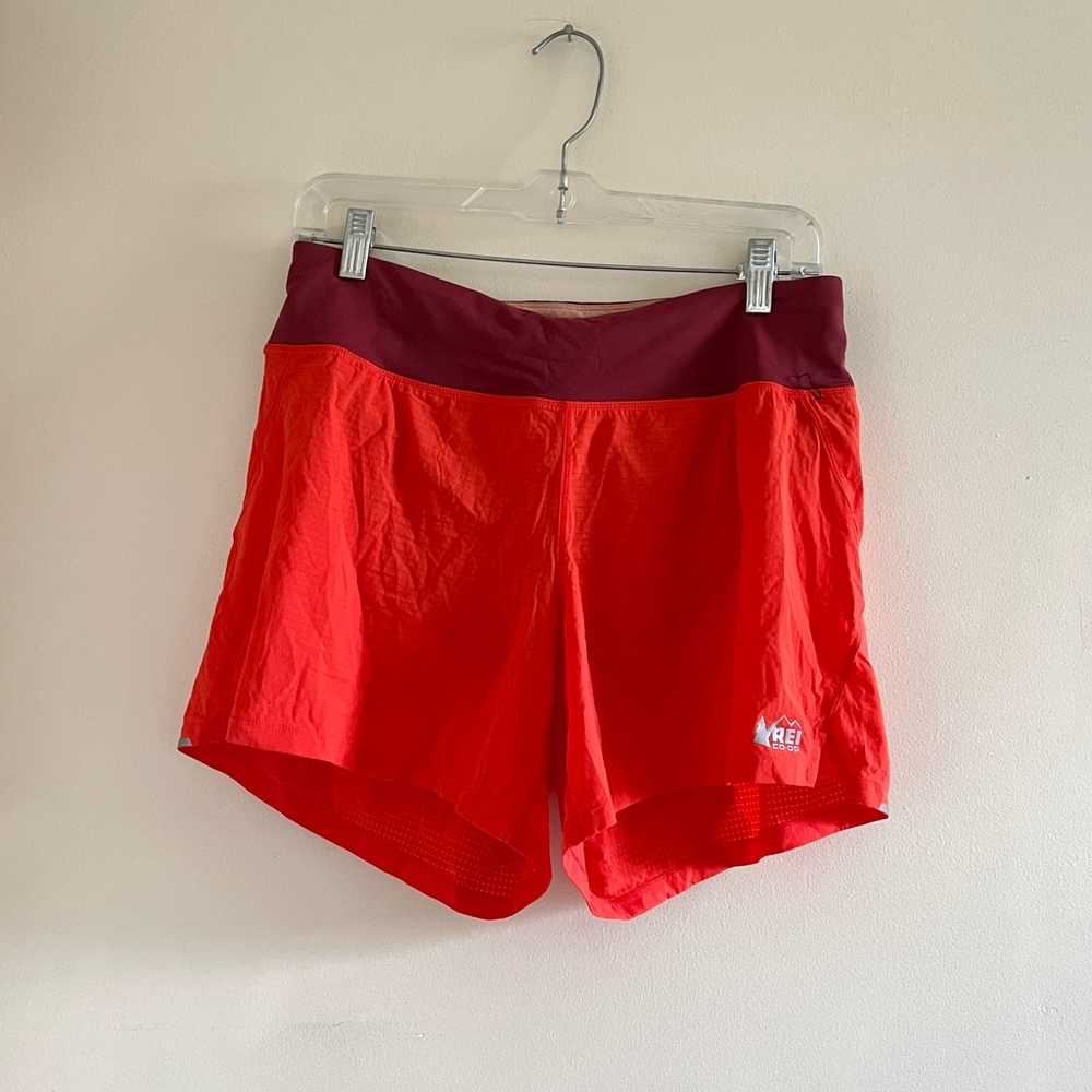 red REI shorts with liner and drawstring